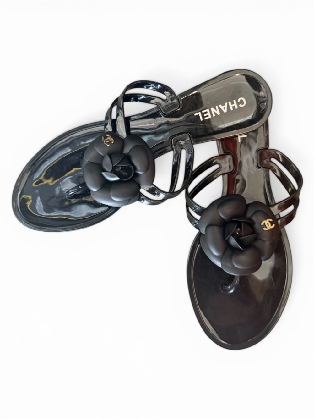 CHANEL Black Camellia Jelly Thong Sandals with Gold CC Accent